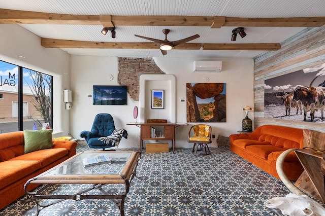 living room with a wall unit AC, ceiling fan, and beamed ceiling