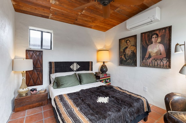 tiled bedroom with a wall mounted air conditioner, ceiling fan, and wooden ceiling