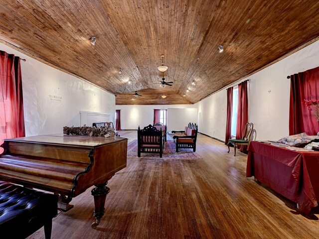 misc room with hardwood / wood-style floors, ceiling fan, lofted ceiling, and wood ceiling