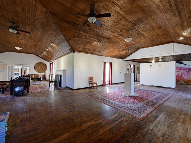 interior space with hardwood / wood-style floors, lofted ceiling, french doors, ceiling fan, and wood ceiling