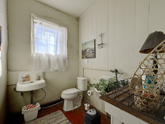 bathroom with toilet, wooden walls, and sink