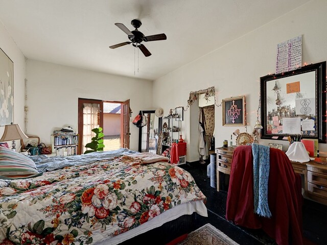 bedroom with dark carpet and ceiling fan