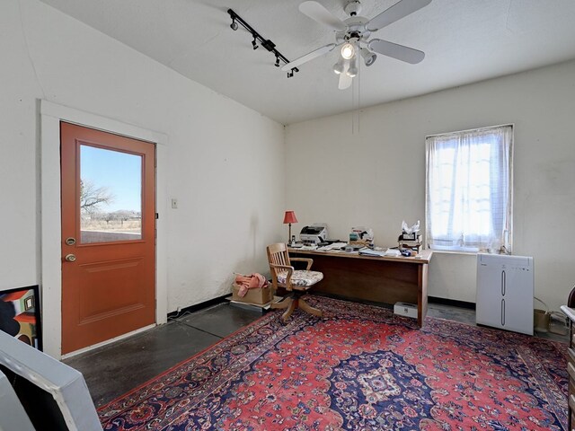 office area with rail lighting and ceiling fan