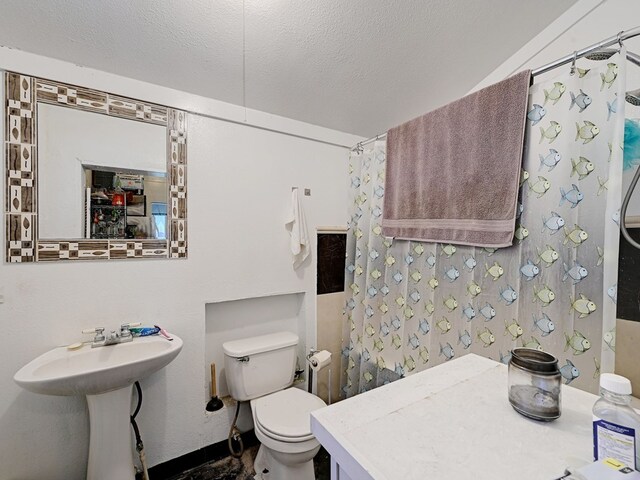 bathroom featuring a shower with shower curtain, a textured ceiling, toilet, and sink