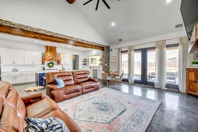 living room with high vaulted ceiling, french doors, and ceiling fan