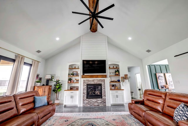 living room featuring dark hardwood / wood-style floors, built in features, high vaulted ceiling, beamed ceiling, and a brick fireplace