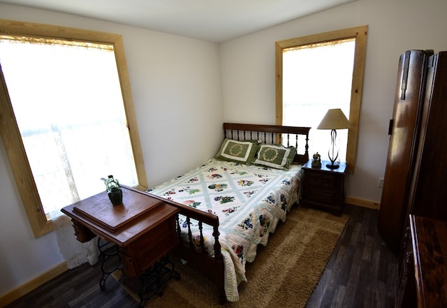 bedroom with dark hardwood / wood-style flooring and multiple windows