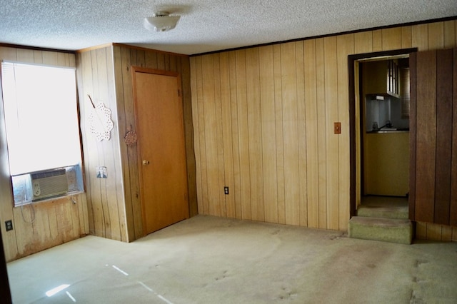 interior space featuring wooden walls, light colored carpet, and a textured ceiling