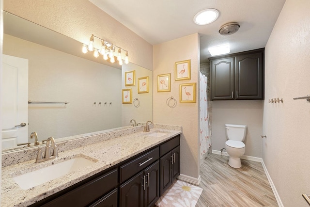 bathroom with a sink, toilet, wood finished floors, and double vanity