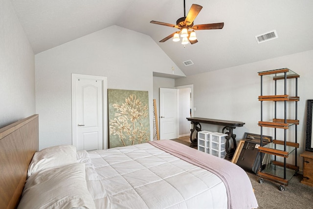 carpeted bedroom with visible vents, lofted ceiling, and ceiling fan