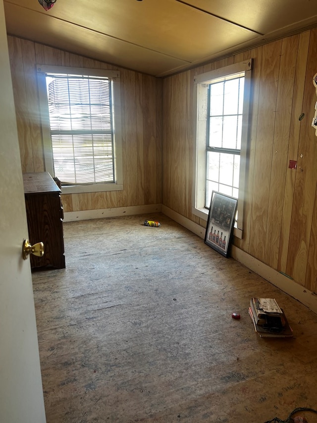 spare room featuring hardwood / wood-style floors, lofted ceiling, and wooden walls