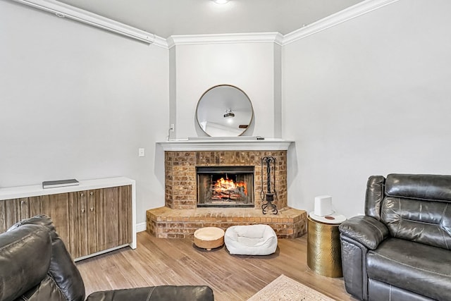 living room with ornamental molding, a fireplace, and wood-type flooring