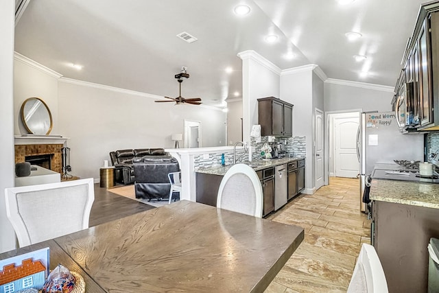 kitchen featuring sink, crown molding, ceiling fan, dark brown cabinetry, and light stone countertops