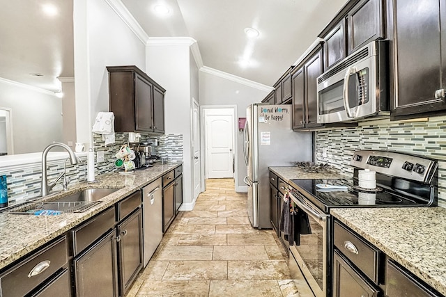 kitchen featuring ornamental molding, appliances with stainless steel finishes, and sink