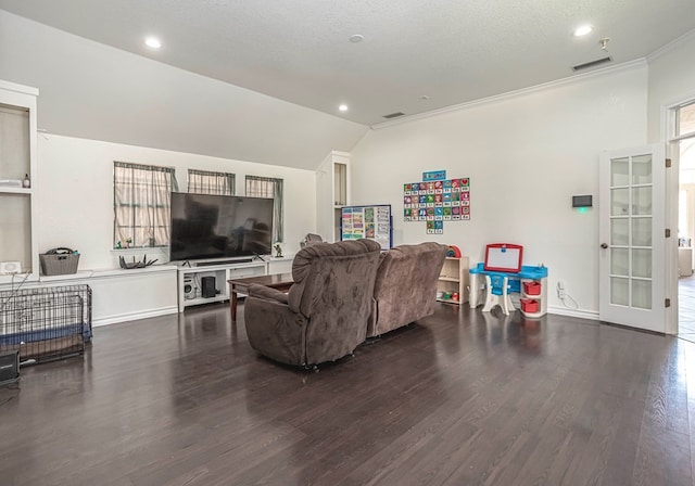 living room featuring lofted ceiling, crown molding, dark hardwood / wood-style floors, and a textured ceiling