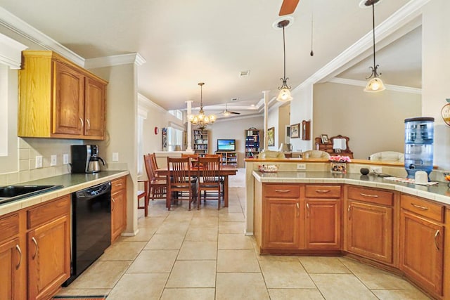 kitchen with hanging light fixtures, ceiling fan with notable chandelier, black dishwasher, and light tile patterned floors