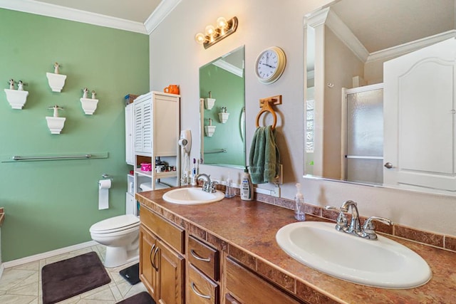 bathroom featuring tile patterned flooring, vanity, walk in shower, toilet, and crown molding