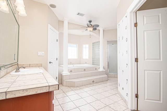 bathroom featuring tile patterned flooring, vanity, ceiling fan, and independent shower and bath