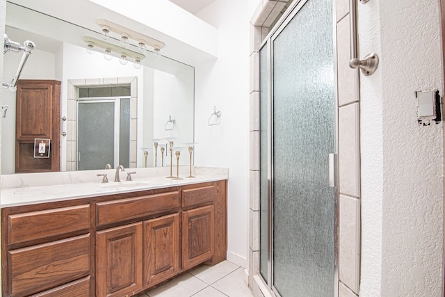 bathroom featuring tile patterned floors, vanity, and walk in shower