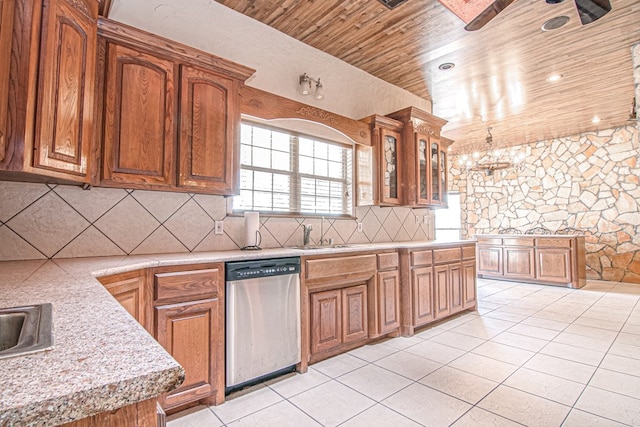 kitchen with dishwasher, light tile patterned flooring, ceiling fan with notable chandelier, and sink