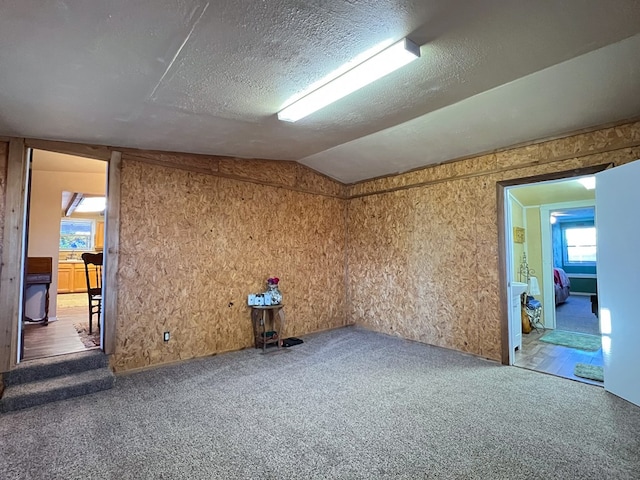 carpeted empty room with lofted ceiling