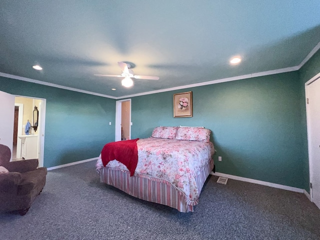 bedroom with ceiling fan, crown molding, and dark colored carpet