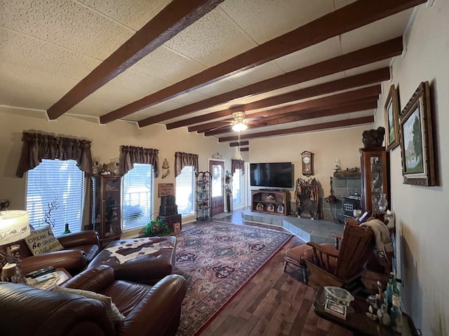 living room with ceiling fan, wood-type flooring, and beam ceiling