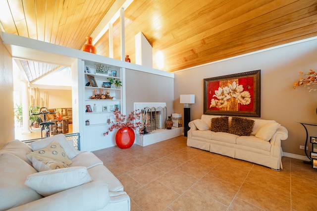 tiled living room with lofted ceiling and wood ceiling