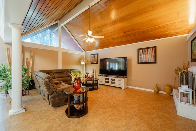 living room featuring wood ceiling, ornate columns, ceiling fan, and lofted ceiling with beams