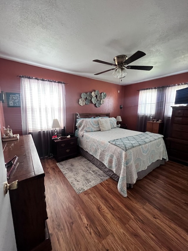 bedroom with multiple windows, a textured ceiling, dark hardwood / wood-style floors, and ceiling fan