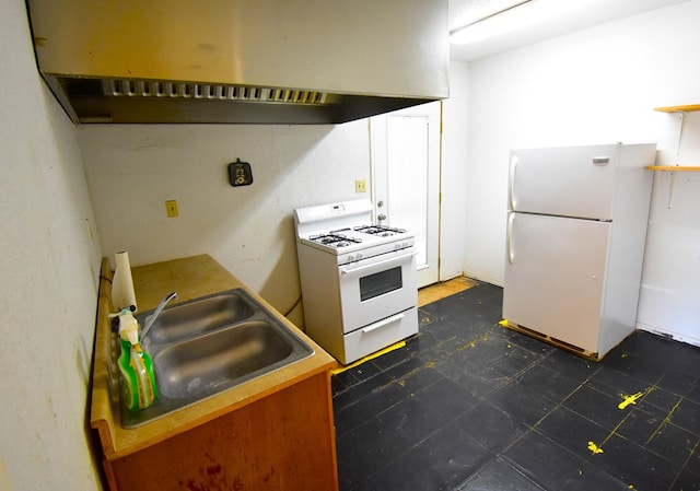 kitchen with sink, white appliances, and exhaust hood