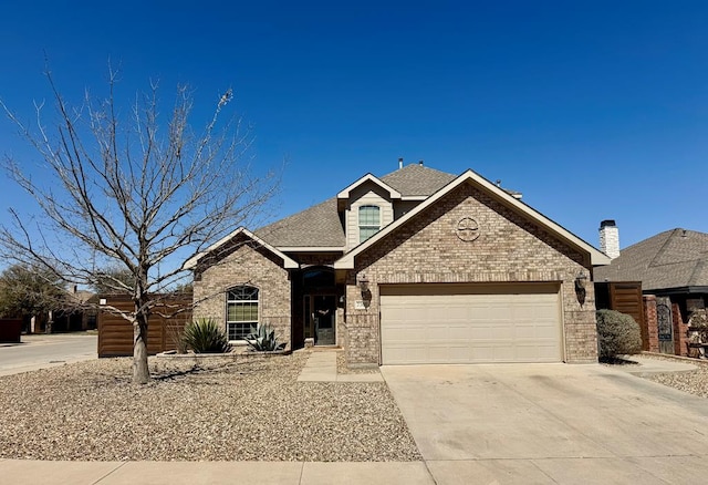 view of front facade featuring a garage, brick siding, roof with shingles, and concrete driveway