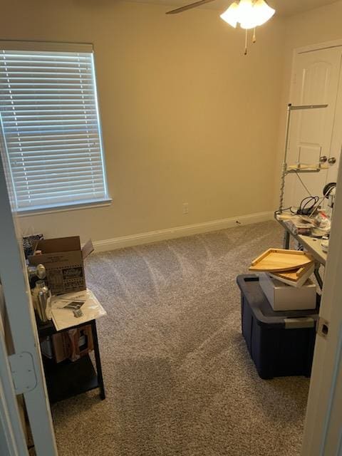 interior space featuring ceiling fan and carpet