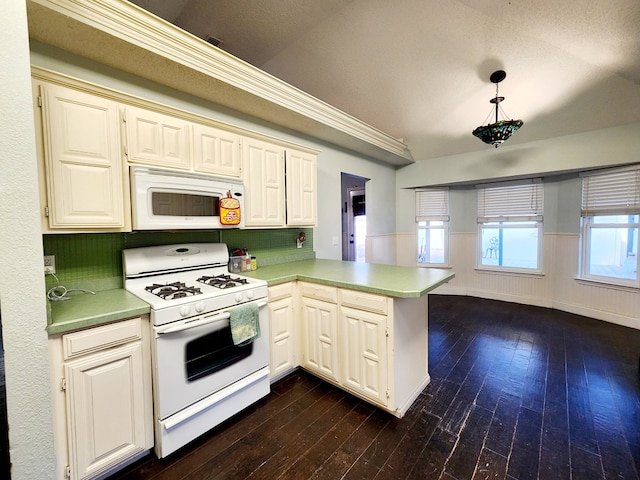 kitchen with a peninsula, white appliances, dark wood-style flooring, and wainscoting