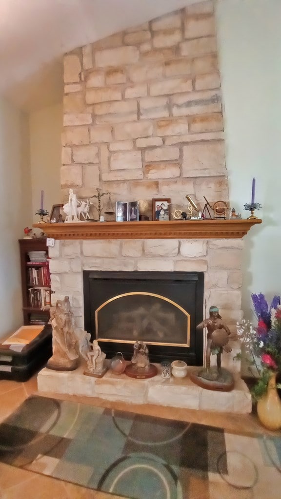 details with a stone fireplace