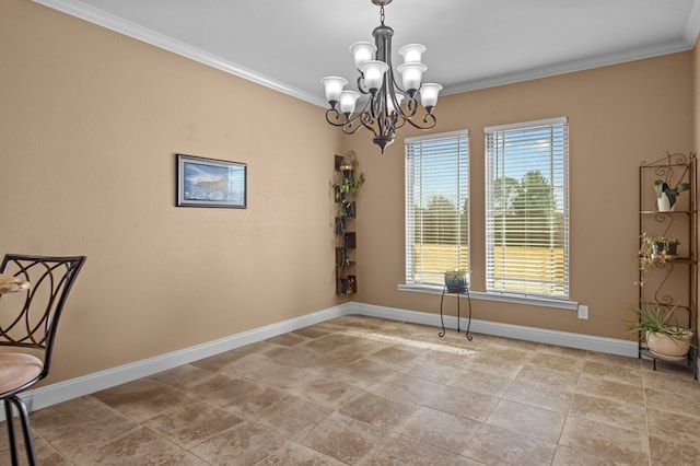 unfurnished dining area with crown molding, a chandelier, and light tile patterned flooring