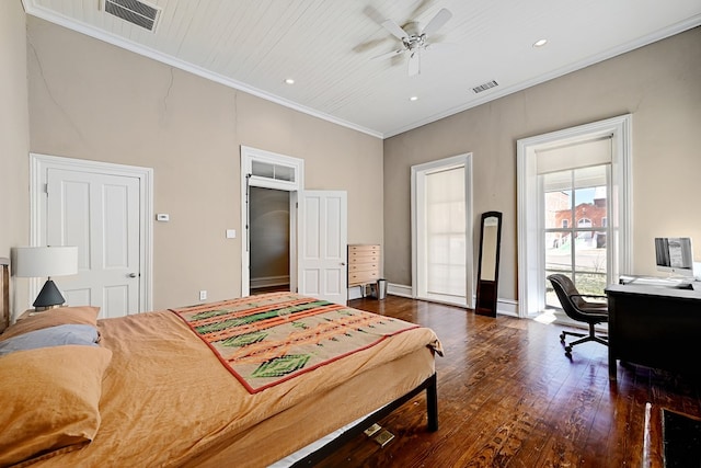 bedroom featuring ceiling fan, dark hardwood / wood-style flooring, and ornamental molding