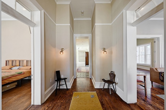 corridor featuring a towering ceiling, dark hardwood / wood-style floors, and crown molding