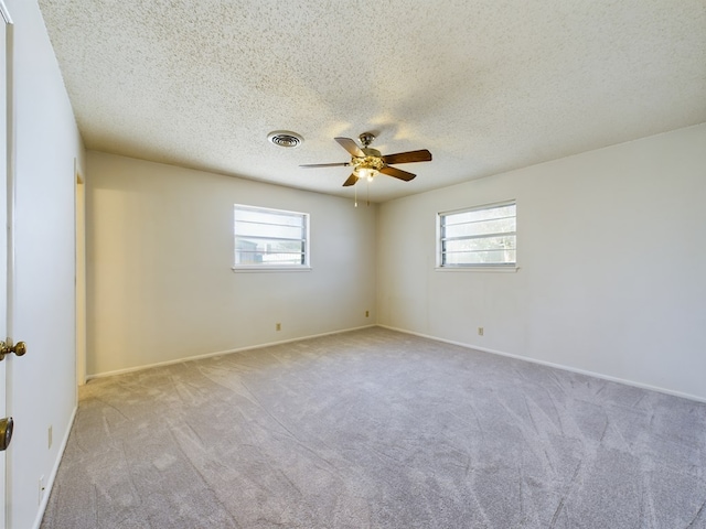 unfurnished room with light carpet, plenty of natural light, and a textured ceiling