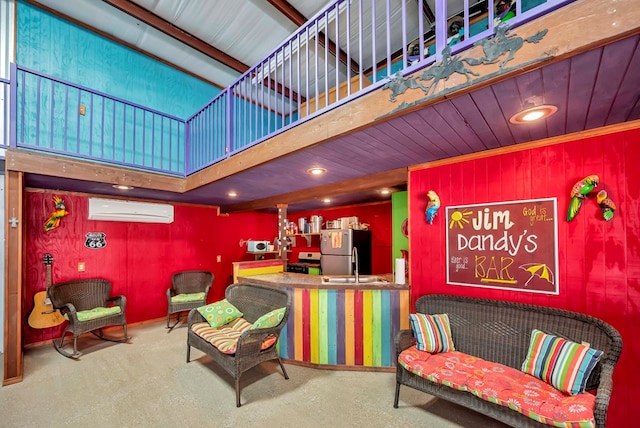 carpeted living room featuring recessed lighting, a wall mounted air conditioner, and a high ceiling