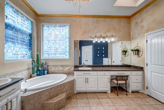 full bathroom featuring tile patterned floors, vanity, crown molding, and a garden tub