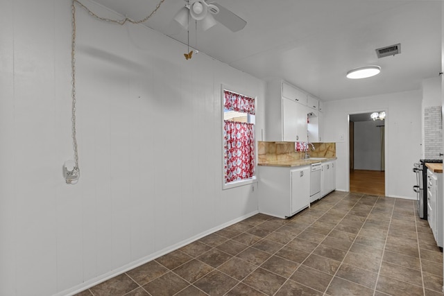 kitchen with dishwasher, white cabinetry, ceiling fan, and sink