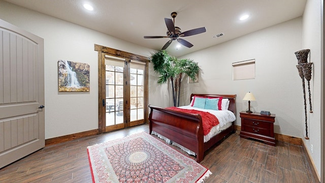 bedroom with french doors, ceiling fan, dark hardwood / wood-style floors, and access to exterior