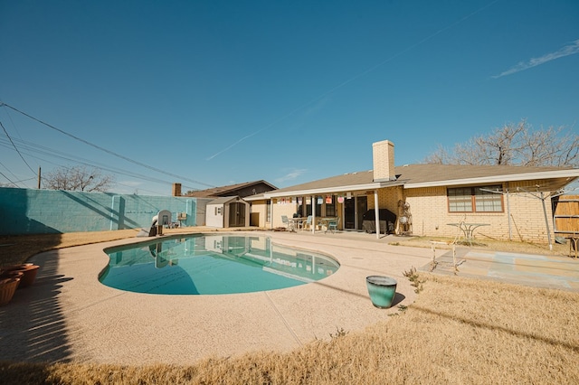 view of swimming pool featuring a storage shed and a patio area