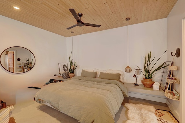 bedroom with ceiling fan and wood ceiling