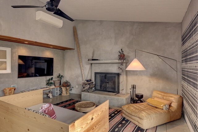 living room with a wall mounted air conditioner, ceiling fan, and vaulted ceiling