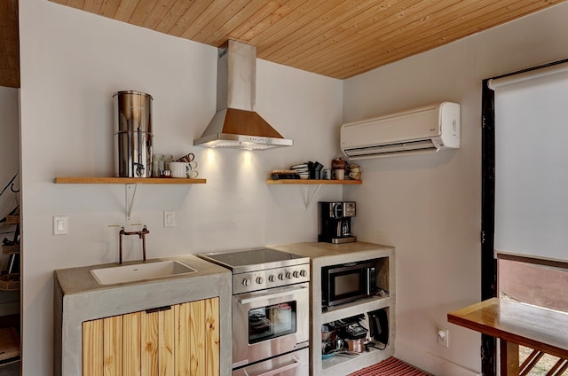 kitchen featuring a wall mounted air conditioner, stainless steel range with electric cooktop, wall chimney range hood, sink, and built in microwave