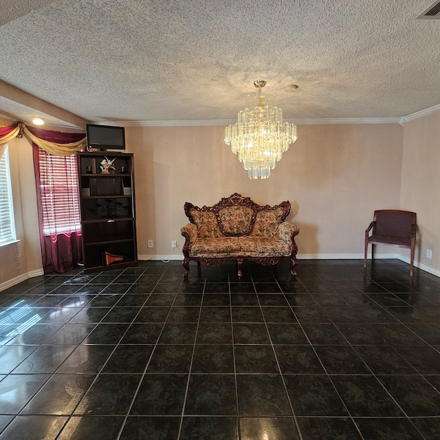 living area with baseboards, tile patterned flooring, visible vents, and crown molding