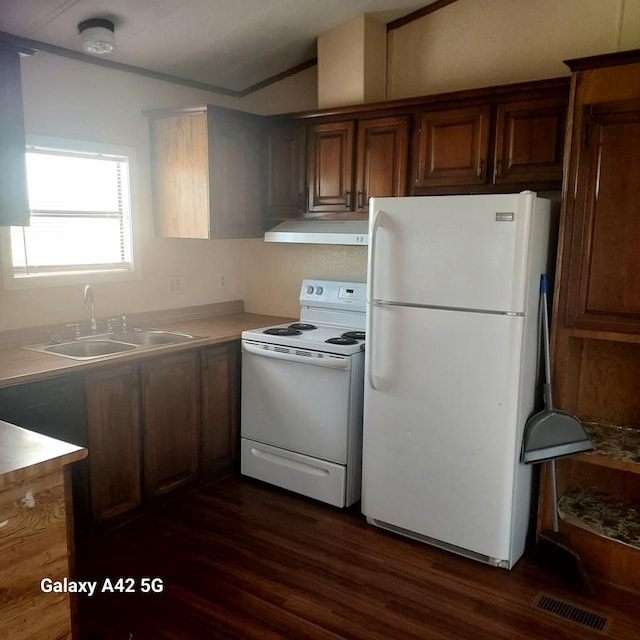 kitchen featuring vaulted ceiling, white appliances, dark hardwood / wood-style flooring, and sink