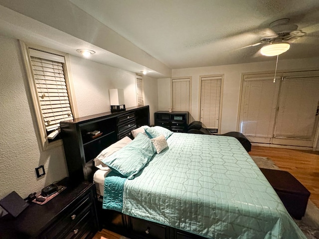 bedroom featuring hardwood / wood-style flooring, ceiling fan, and two closets